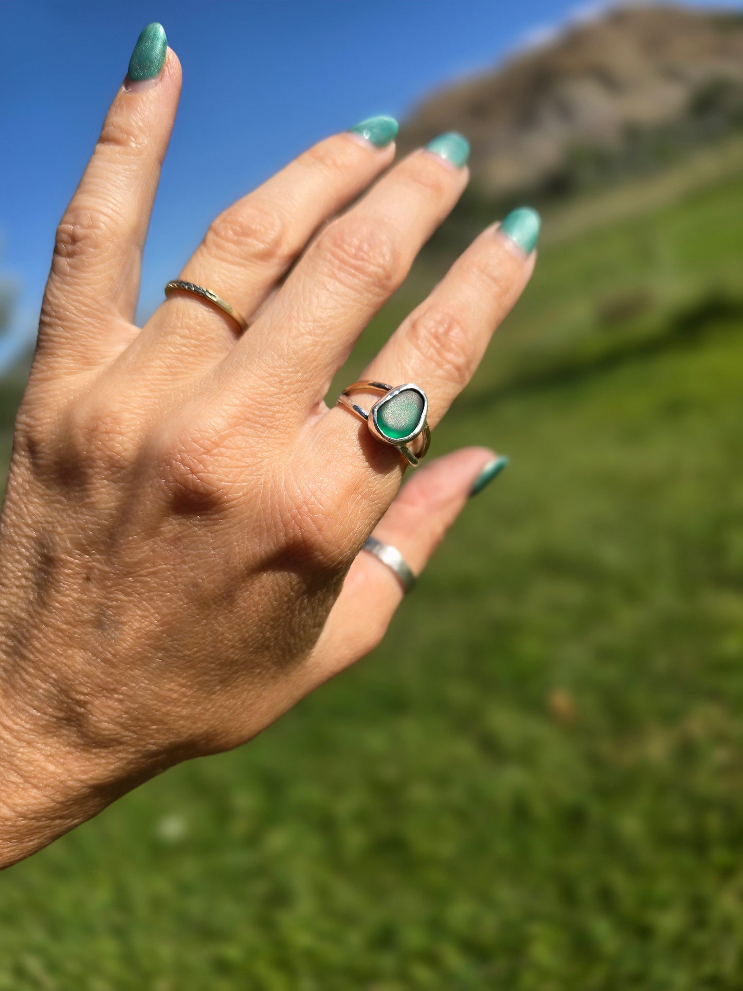 Emerald Seaglass Mixed Metal Ring